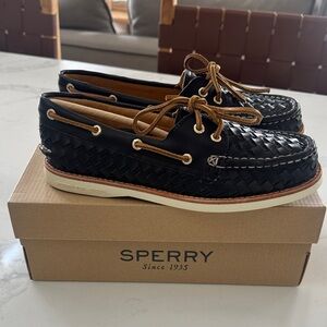 Sperry Black Woven Leather Boat Shoes with Tan Laces